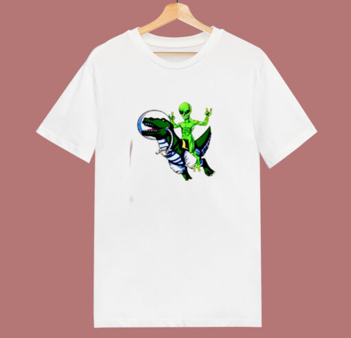 Alien Riding T Rex 80s T Shirt