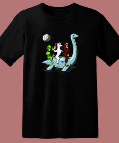 Alien Unicorn Bigfoot Riding Loch Ness Monster 80s T Shirt