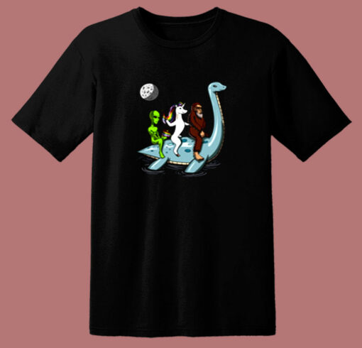 Alien Unicorn Bigfoot Riding Loch Ness Monster 80s T Shirt
