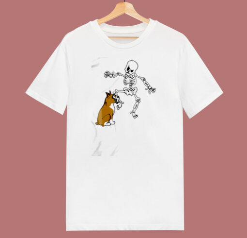 Boxer Dog Biting Skeleton 80s T Shirt