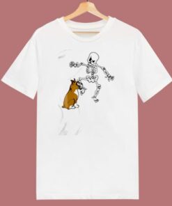 Boxer Dog Biting Skeleton 80s T Shirt