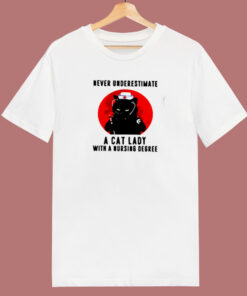Never Underestimate A Cat Lady With A Nursing Degree Halloween 80s T Shirt