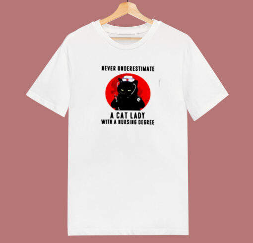 Never Underestimate A Cat Lady With A Nursing Degree Halloween 80s T Shirt