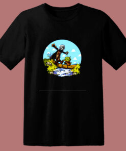 Stormtrooper And Baby Yoda Walking On The River 80s T Shirt 1