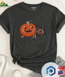 Black Cat Scared By Carved Pumpkins Evil Smile T Shirt Halloween Sweatshirt Unisex Hoodie 3