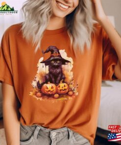 Black Cat Witches Hat Halloween Pumpkin Tshirt Spooky Season Gifts Witchy Shirt Sweatshirt Hoodie