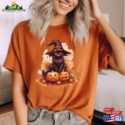 Black Cat Witches Hat Halloween Pumpkin Tshirt Spooky Season Gifts Witchy Shirt Sweatshirt Hoodie