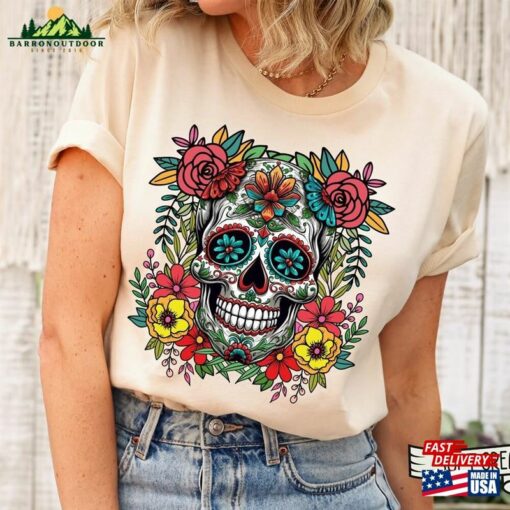 Dia De Los Muertos Shirt Mexican Floral Skull Latina Unisex T-Shirt