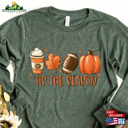 Fall Long Sleeve Tee Tis The Season Pumpkin Football Leaf Coffee Shirt Patch Classic Hoodie