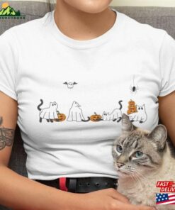 Halloween Ghost Cat Shirt For Lover Gift Black On 2023 Spooky Season Cool T-Shirt Unisex