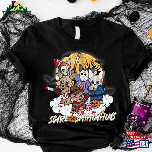 Halloween Scare Chihuahuas Horror Characters Vintage T-Shirt Dog Shirt Lovers Sweatshirt Unisex