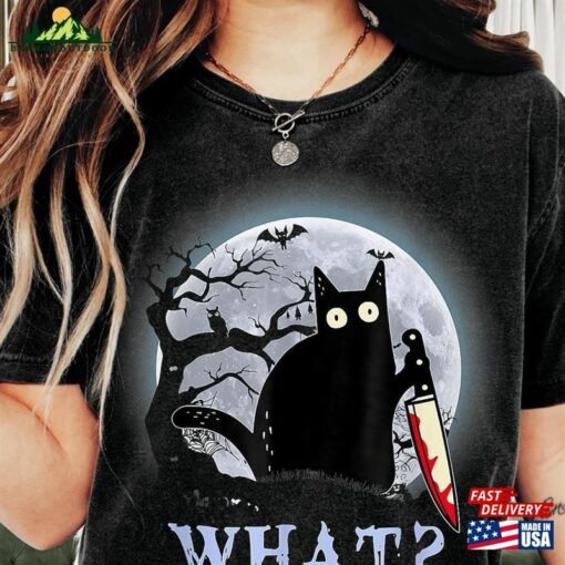 Halloween Shirt What Black Cat With Knife Happy Hoodie Sweatshirt