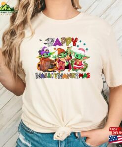 Halloween Thanksgiving Christmas Baby Yoda Shirt Happy Hallothanksmas Sweatshirts Shirts Sweatshirt Unisex