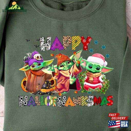 Halloween Thanksgiving Christmas Baby Yoda Shirt Happy Hallothanksmas Sweatshirts Shirts Sweatshirt Unisex