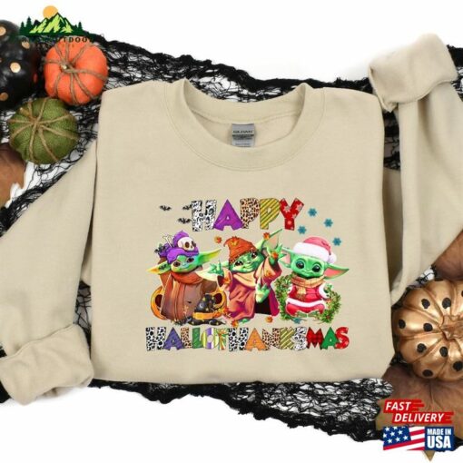 Halloween Thanksgiving Christmas Baby Yoda Shirt Happy Hallothanksmas Sweatshirts Shirts Sweatshirt Unisex