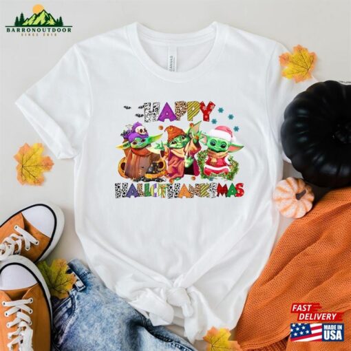 Halloween Thanksgiving Christmas Baby Yoda Shirt Happy Hallothanksmas Sweatshirts Shirts Sweatshirt Unisex