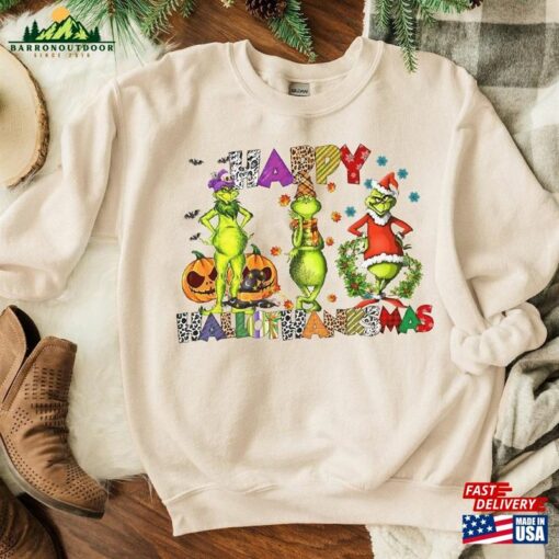 Halloween Thanksgiving Christmas Shirt Happy Hallothanksmas Sweatshirts Funny Unisex Hoodie