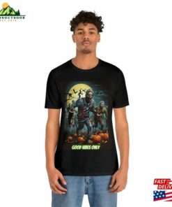 Halloween Zombie Horde Good Vibes Only Pumpkins Bats Funny Shirt T-Shirt Unisex