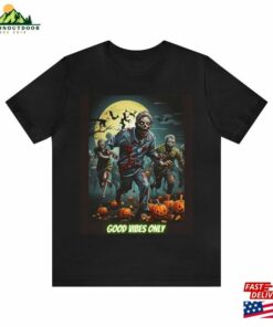 Halloween Zombie Horde Good Vibes Only Pumpkins Bats Funny Shirt T-Shirt Unisex