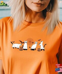 Ghost Cat Shirt Cute Halloween Vintage Fall Tee Retro Crewneck Unisex Hoodie