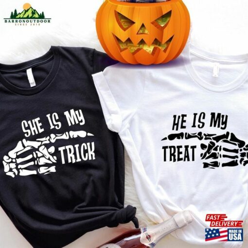 Halloween Matching Couple He Is My Treat She Trick Shirts T-Shirt Classic