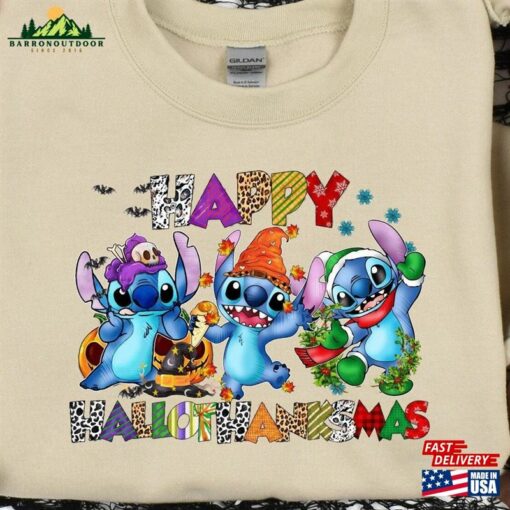 Halloween Thanksgiving Christmas Stitch Shirt Happy Hallothanksmas Sweatshirts Shirts Classic Unisex