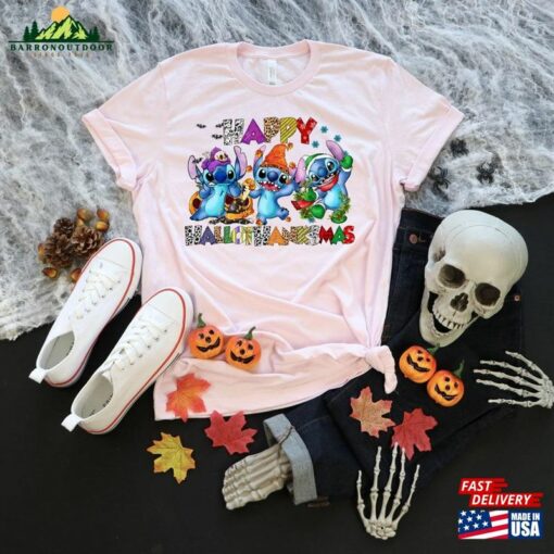 Halloween Thanksgiving Christmas Stitch Shirt Happy Hallothanksmas Sweatshirts Shirts Classic Unisex