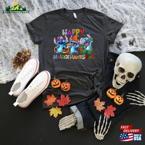 Halloween Thanksgiving Christmas Stitch Shirt Happy Hallothanksmas Sweatshirts Shirts Classic Unisex