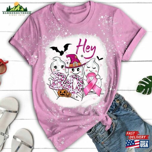 Hey Boo Bleached Shirt Halloween Breast Cancer Awareness Ghost Unisex Sweatshirt