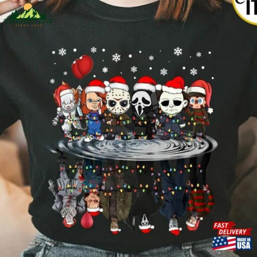 Horror Characters Christmas Lights Shirt Merry Creepmas Scary Movie Family Party 2023 Classic Unisex