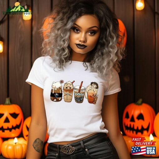 Horror Movie Coffee Latte Sweatshirt Characters Cup Halloween Drink Cozy Shirt Unisex Hoodie