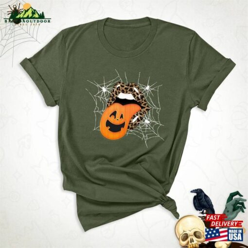 Leopard Lips Halloween Shirt Pumpkin Tongue Mouth Spider Web Unisex Classic