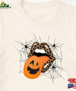 Leopard Lips Halloween Shirt Pumpkin Tongue Mouth Spider Web Unisex Classic