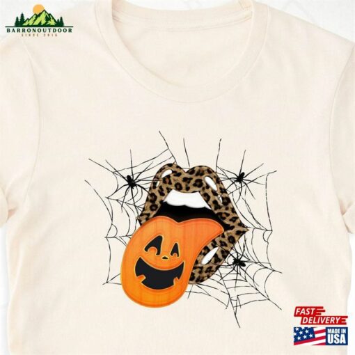 Leopard Lips Halloween Shirt Pumpkin Tongue Mouth Spider Web Unisex Classic