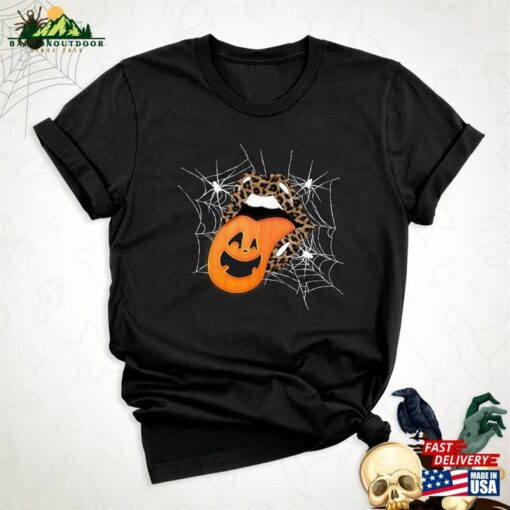 Leopard Lips Halloween Shirt Pumpkin Tongue Mouth Spider Web Unisex Classic