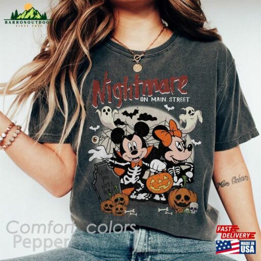 Mickey Minnie Halloween Comfort Colors Shirt Nightmare On The Main Streat Disney Skeleton Hoodie Unisex