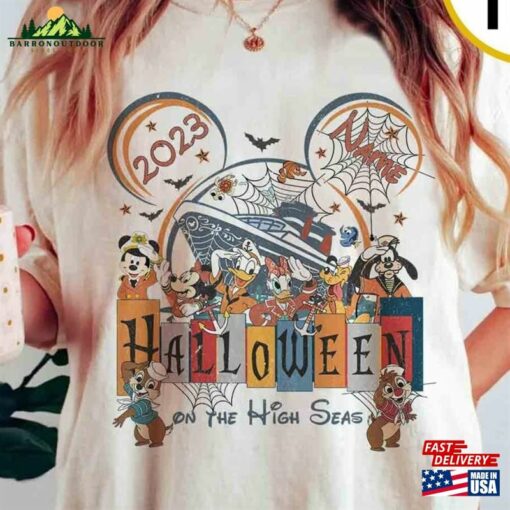 Personalized Vintage Disney Cruise Halloween On The High Seas 2023 Shirt Retro Mickey And Friends Unisex Classic