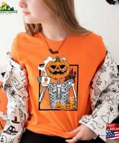 Pumpkin Skeleton Drinking Coffee Shirt Funny Halloween Lover Shirts Hoodie Classic
