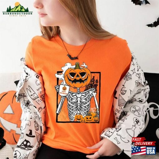 Pumpkin Skeleton Drinking Coffee Shirt Funny Halloween Lover Shirts Hoodie Classic