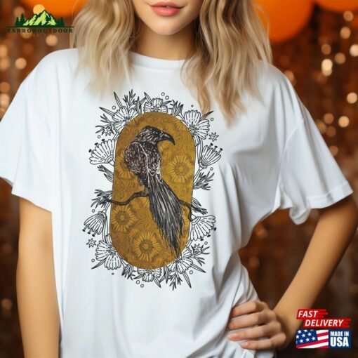 Raven Portrait With Flower Frame Tshirt Baroque Style Custom Tee Gift For Birder Unisex Classic