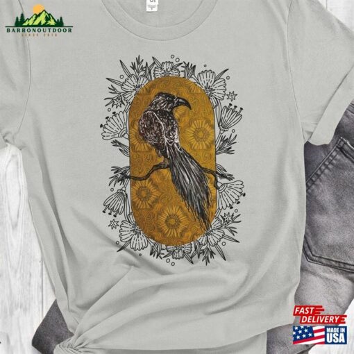 Raven Portrait With Flower Frame Tshirt Baroque Style Custom Tee Gift For Birder Unisex Classic