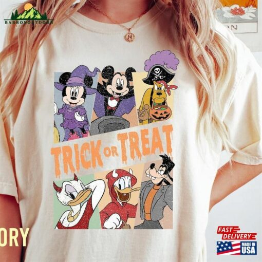 Retro Halloween Disney Mickey Trick Or Treat Comfort Color Shirt Pumpkin And Friends Unisex T-Shirt Classic