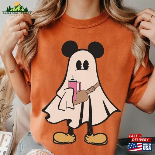 Stanley Tumbler Inspired Mickey Ghost Halloween Comfort Color Shirt Retro Spooky Season Hoodie Sweatshirt