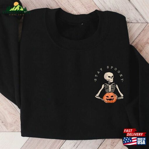 Stay Spooky Sweatshirt Minimal Halloween Sweater Skeleton Pocket Unisex