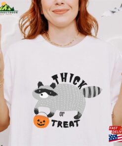 Thick Or Treat Raccoon Halloween Shirt Bella + Canvas White Ash Orange T-Shirt Sweatshirt