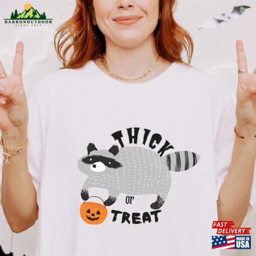 Thick Or Treat Raccoon Halloween Shirt Bella + Canvas White Ash Orange T-Shirt Sweatshirt