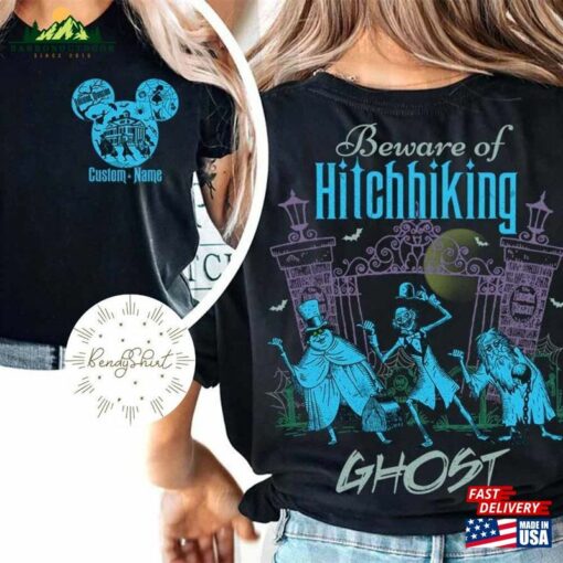 Two Sided Mickey Ears Disney Halloween The Haunted Mansion Shirt Personalized Vintage Beware Of Hitchhiking Ghosts Classic Hoodie