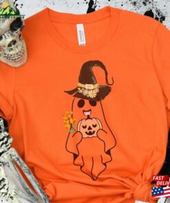 Vintage Cute Ghost Face Shirt Gift For Halloween Lover Retro Fall Witch Hat Floral Art Teacher Unisex T-Shirt