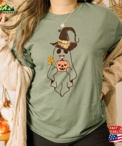 Vintage Cute Ghost Face Shirt Gift For Halloween Lover Retro Fall Witch Hat Floral Art Teacher Unisex T-Shirt