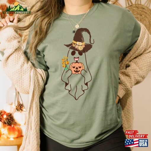 Vintage Cute Ghost Face Shirt Gift For Halloween Lover Retro Fall Witch Hat Floral Art Teacher Unisex T-Shirt